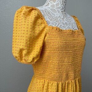 LOFT Women's Smocked Puff Sleeve Midi Dress Size XXL w/Pockets Yellow/Orange